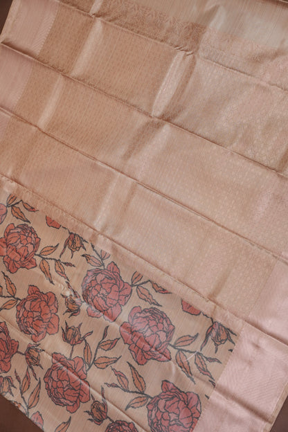 Digital Printed Semi Silk Saree - Peach Beige with Rust