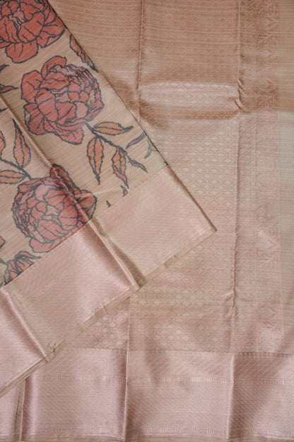Digital Printed Semi Silk Saree - Peach Beige with Rust