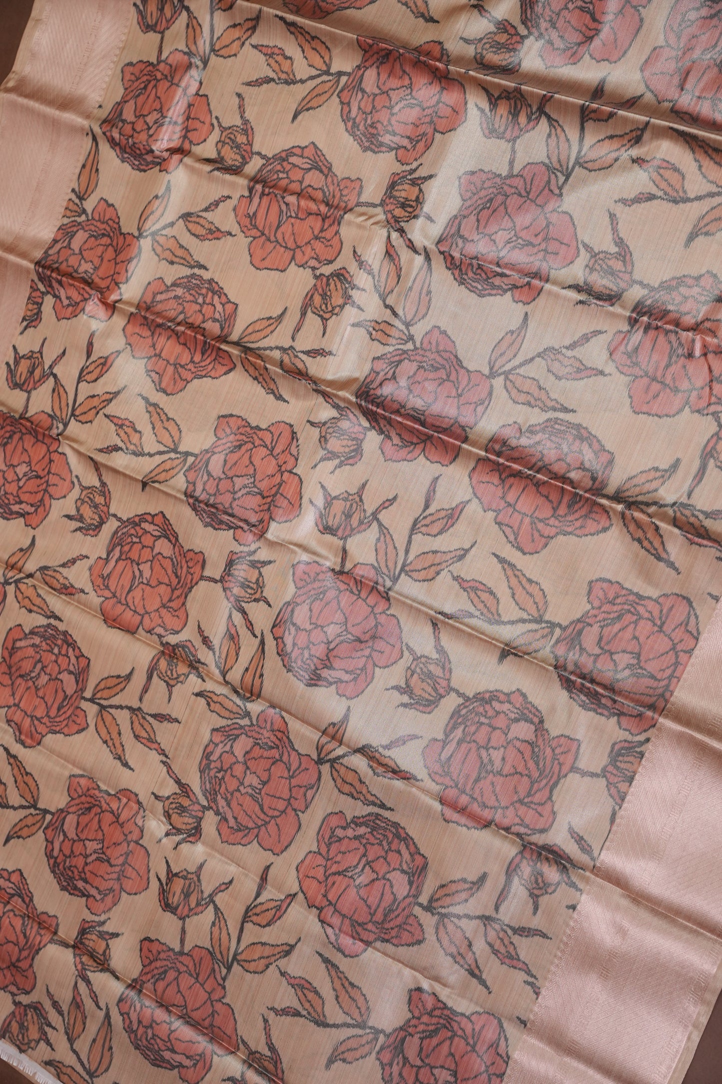Digital Printed Semi Silk Saree - Peach Beige with Rust