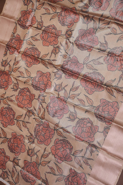 Digital Printed Semi Silk Saree - Peach Beige with Rust
