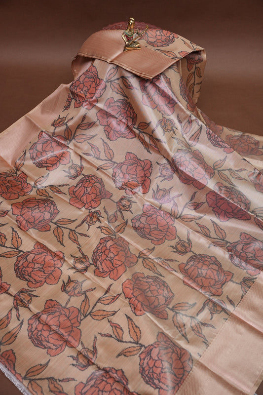 Digital Printed Semi Silk Saree - Peach Beige with Rust
