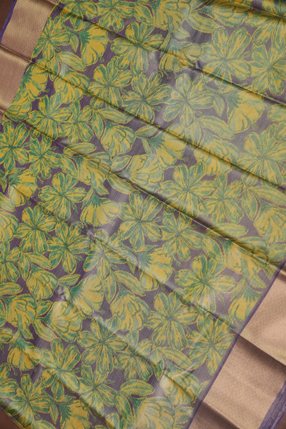 Digital Printed Semi Silk Saree - Muted Lavender Grey with Lime Yellow