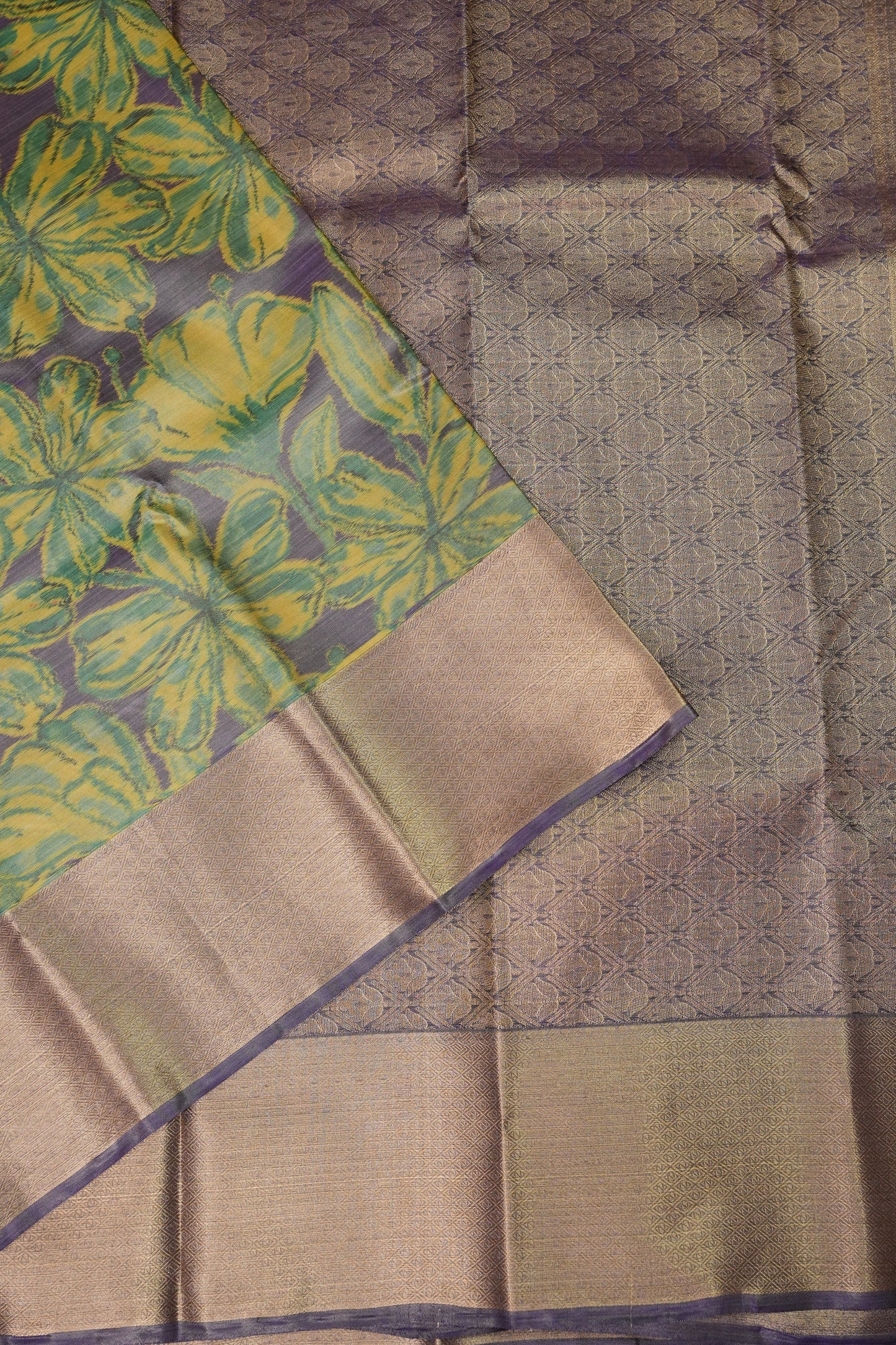 Digital Printed Semi Silk Saree - Muted Lavender Grey with Lime Yellow