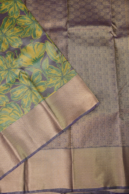 Digital Printed Semi Silk Saree - Muted Lavender Grey with Lime Yellow