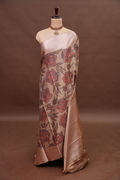 Digital Printed Semi Silk Saree - Peach Beige with Rust