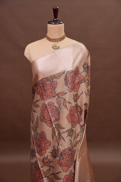 Digital Printed Semi Silk Saree - Peach Beige with Rust