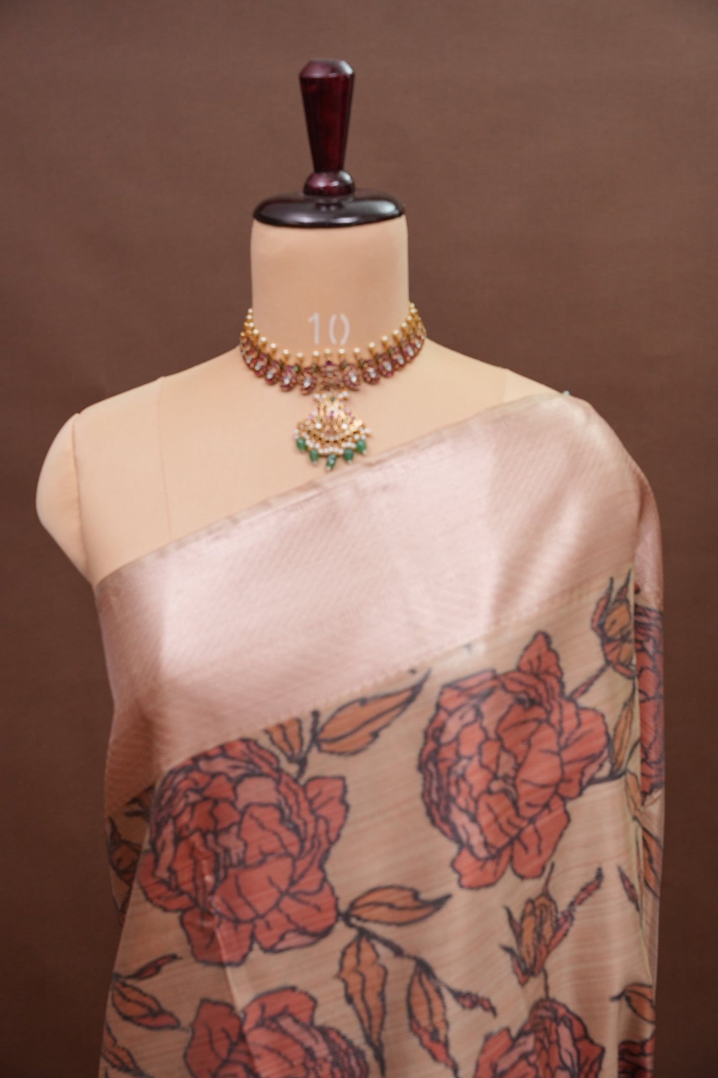 Digital Printed Semi Silk Saree - Peach Beige with Rust