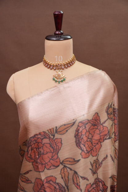 Digital Printed Semi Silk Saree - Peach Beige with Rust