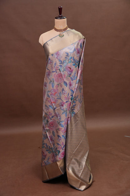 Digital Printed Semi Silk Saree - Pastel Pink Nude
