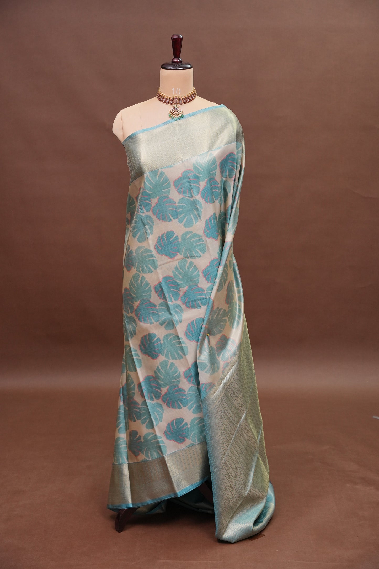 Digital Printed Semi Silk Saree – Ivory with Aqua Blue