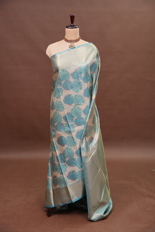 Digital Printed Semi Silk Saree – Ivory with Aqua Blue