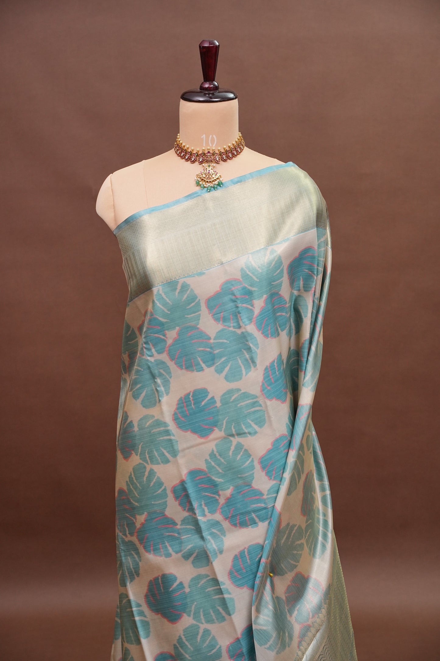 Digital Printed Semi Silk Saree – Ivory with Aqua Blue