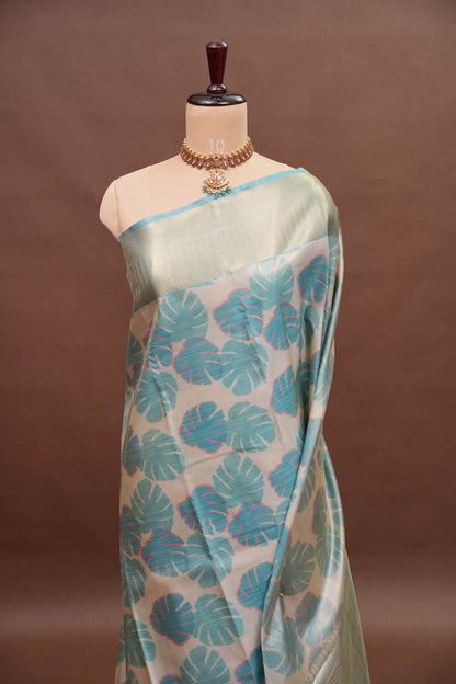 Digital Printed Semi Silk Saree – Ivory with Aqua Blue