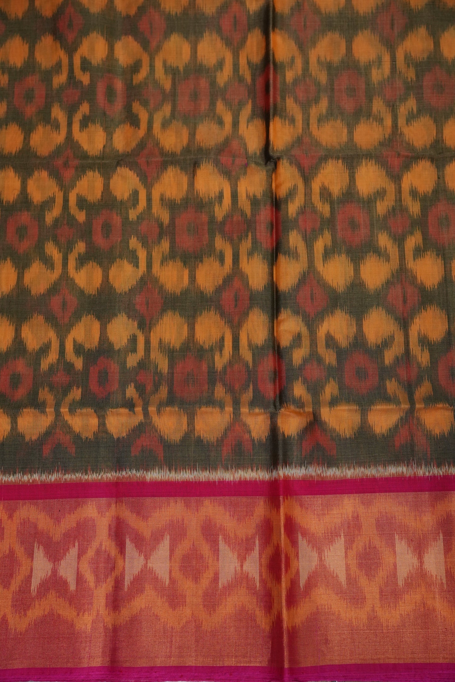 Pure Ikkat Silk Cotton Saree - Mustard & Grey with Pink