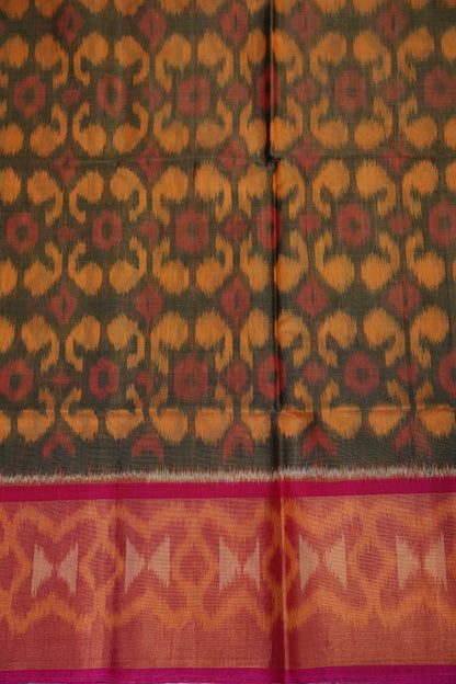 Pure Ikkat Silk Cotton Saree - Mustard & Grey with Pink