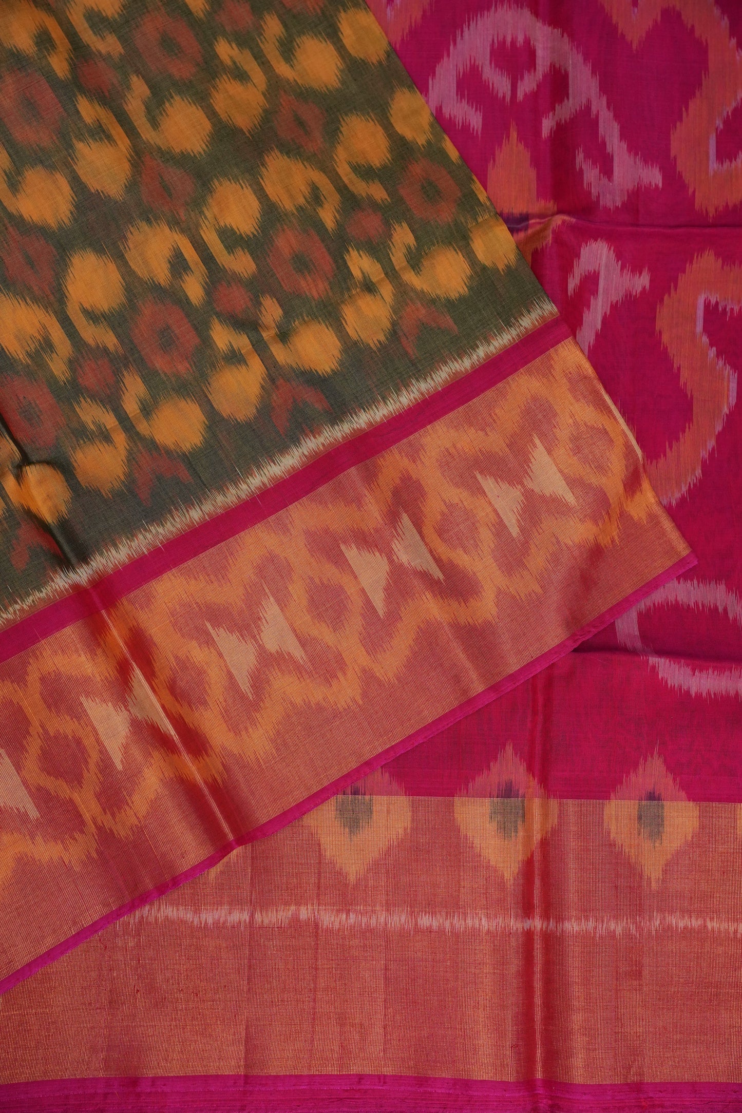 Pure Ikkat Silk Cotton Saree - Mustard & Grey with Pink