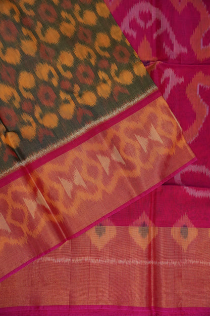 Pure Ikkat Silk Cotton Saree - Mustard & Grey with Pink