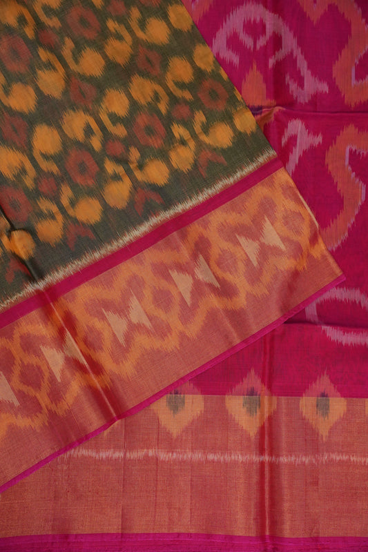 Pure Ikkat Silk Cotton Saree - Mustard & Grey with Pink