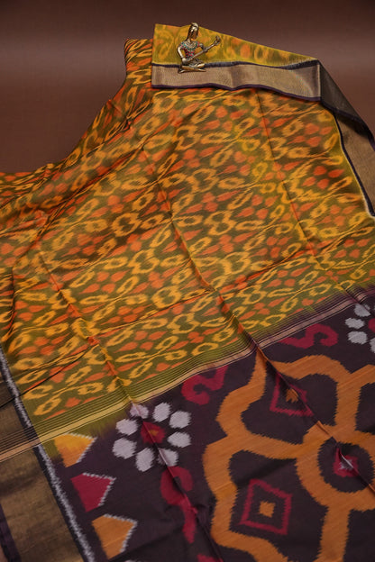 Pure Ikkat Silk Cotton Saree - Mustard with Coffee