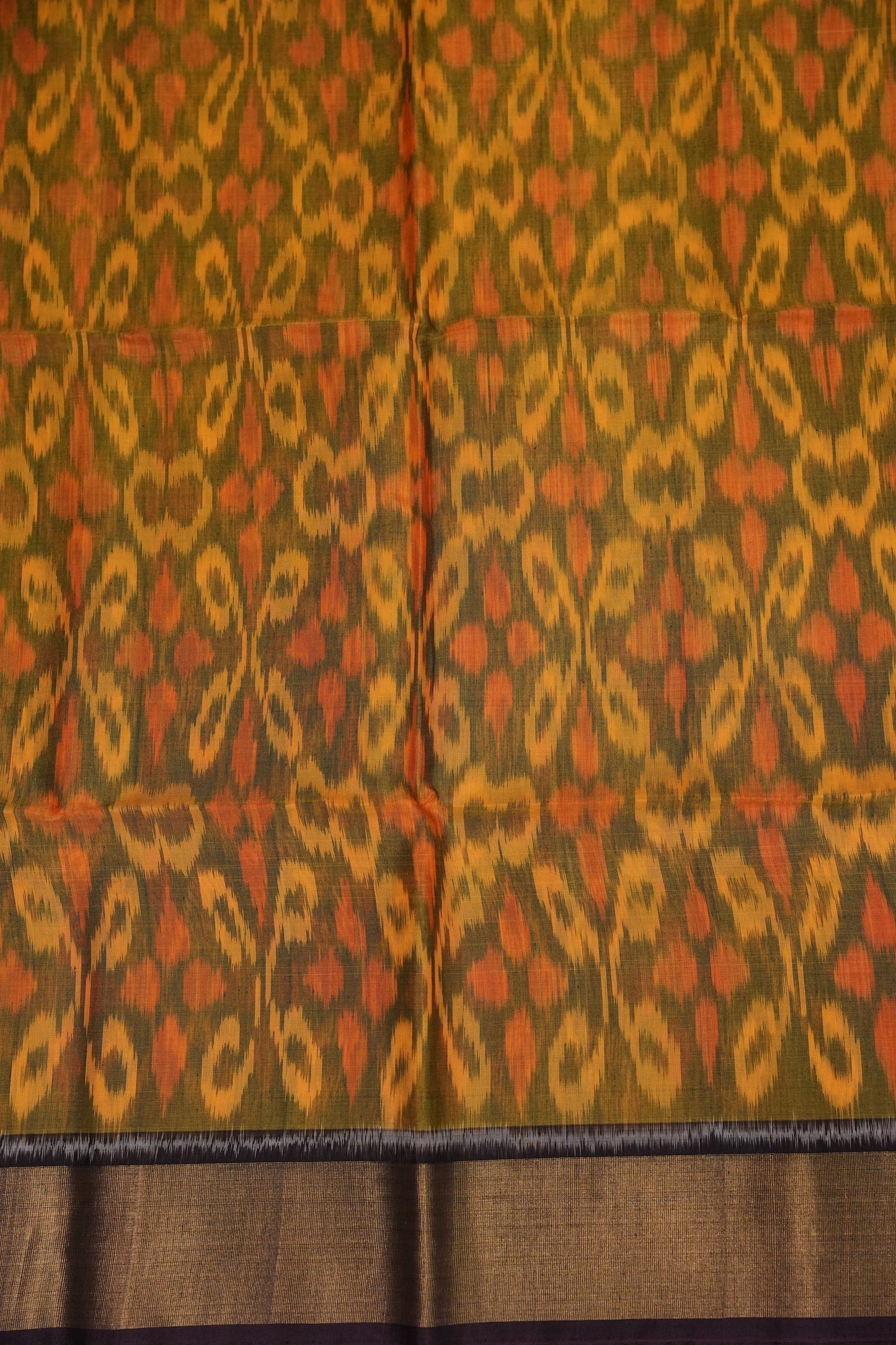 Pure Ikkat Silk Cotton Saree - Mustard with Coffee