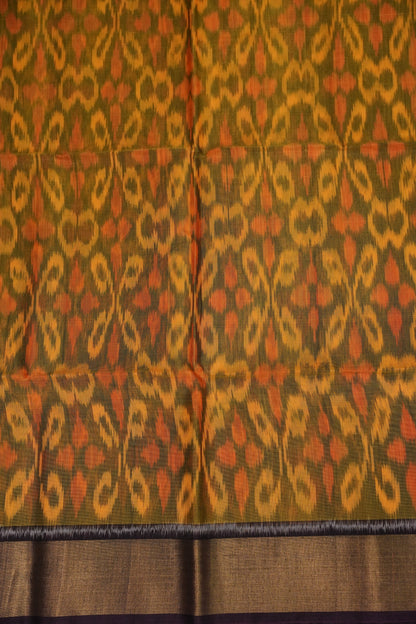 Pure Ikkat Silk Cotton Saree - Mustard with Coffee