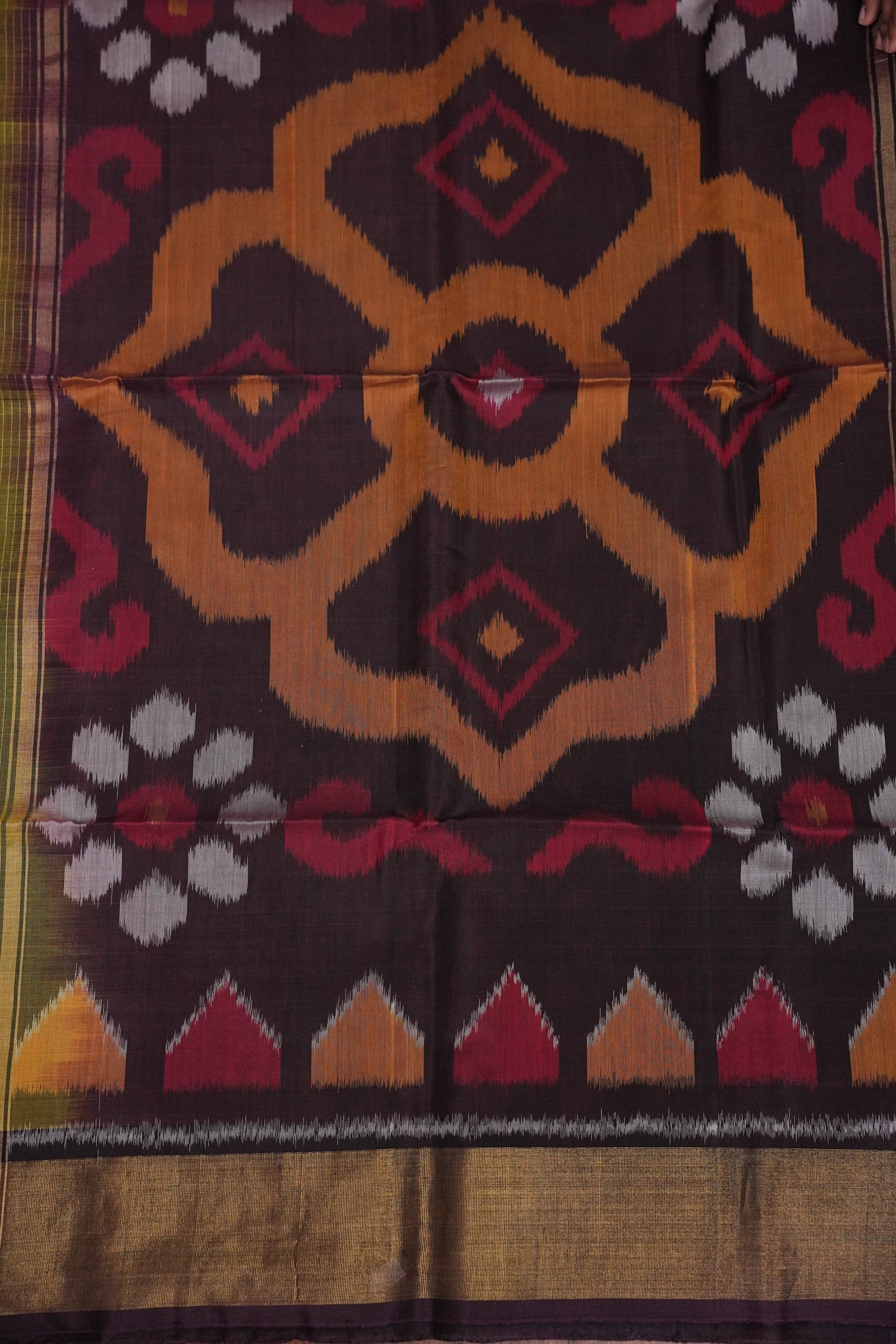 Pure Ikkat Silk Cotton Saree - Mustard with Coffee