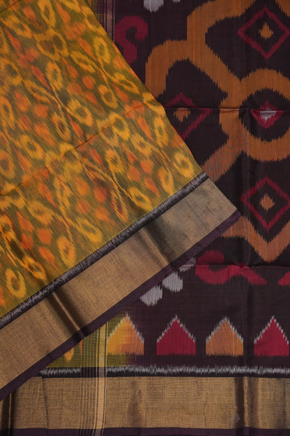 Pure Ikkat Silk Cotton Saree - Mustard with Coffee