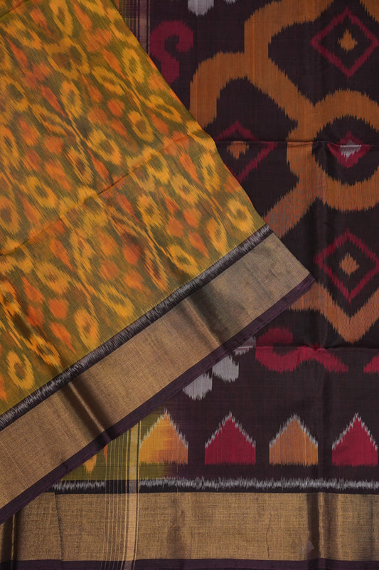 Pure Ikkat Silk Cotton Saree - Mustard with Coffee