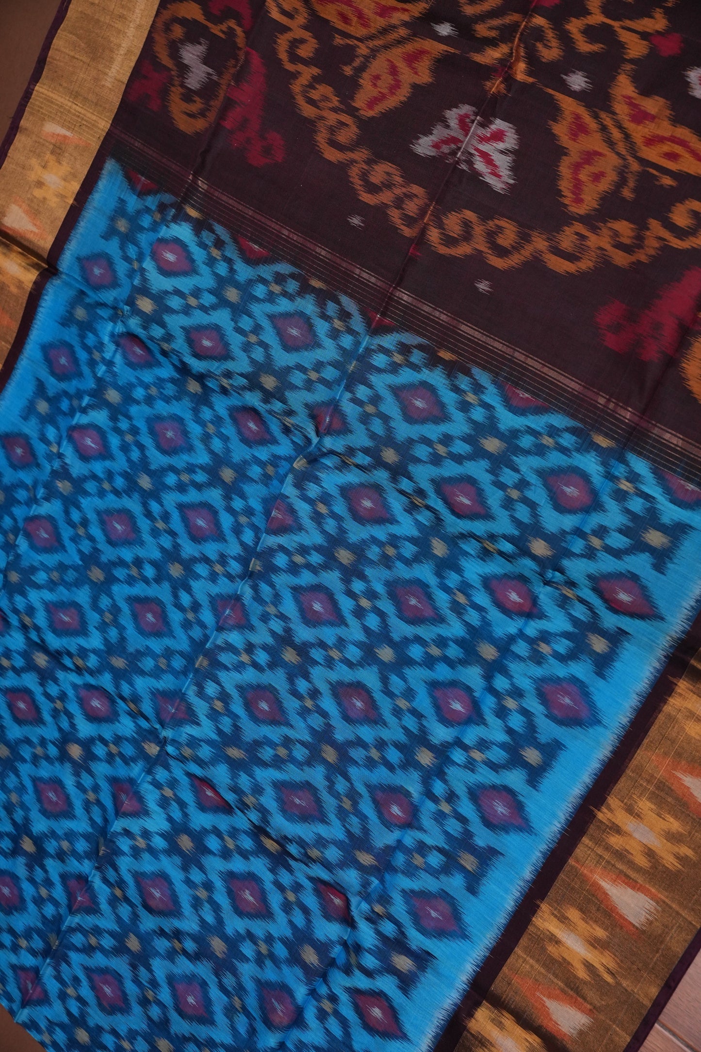 Pure Ikkat Silk Cotton Saree - Blue & Coffee