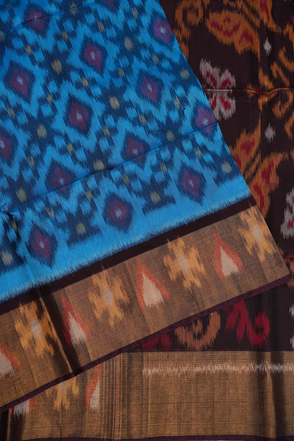 Pure Ikkat Silk Cotton Saree - Blue & Coffee