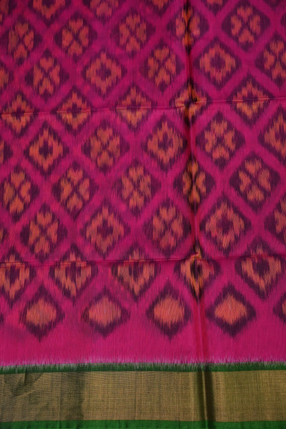 Pure Ikkat Silk Cotton Saree - Pink & Emerald Green