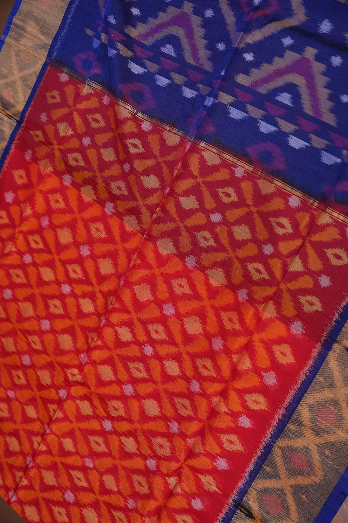 Pure Ikkat Silk Cotton Saree - Red & Royal Blue