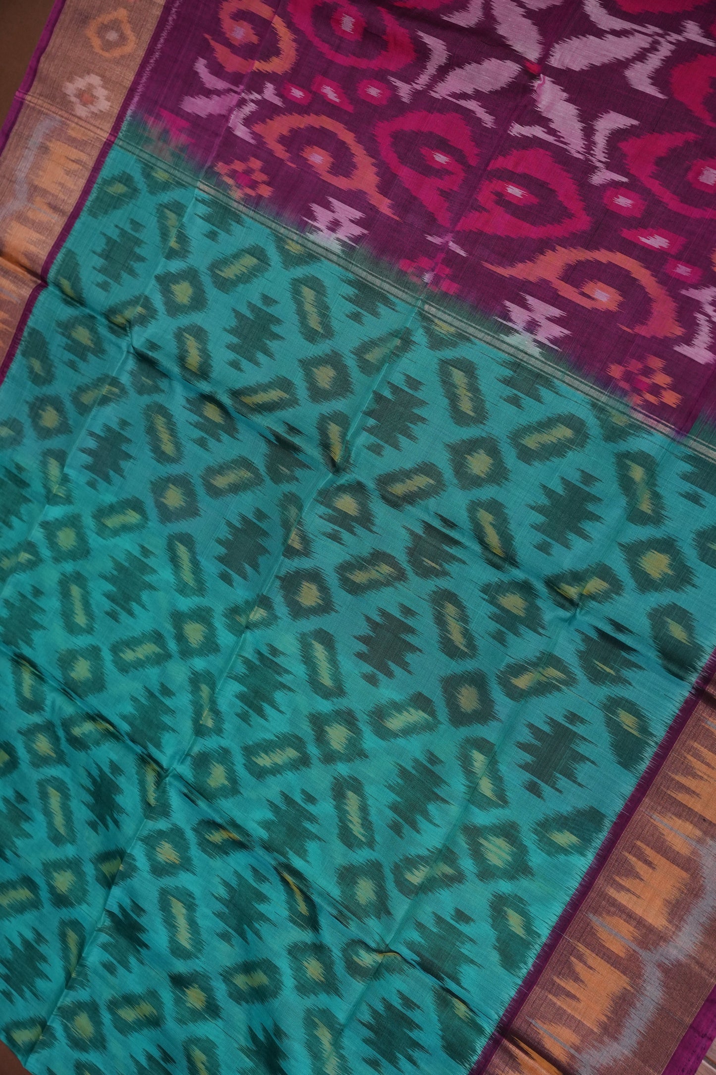 Pure Ikkat Silk Cotton Saree - Turquoise & Deep Purple