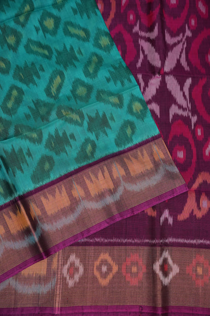 Pure Ikkat Silk Cotton Saree - Turquoise & Deep Purple