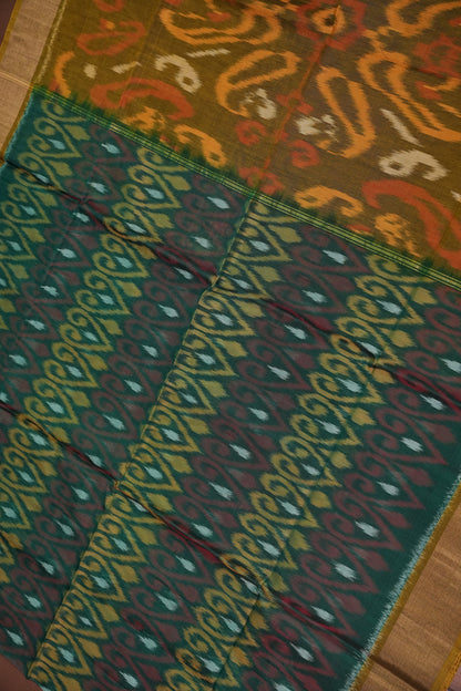 Pure Ikkat Silk Cotton Saree - Bottle Green & Mustard