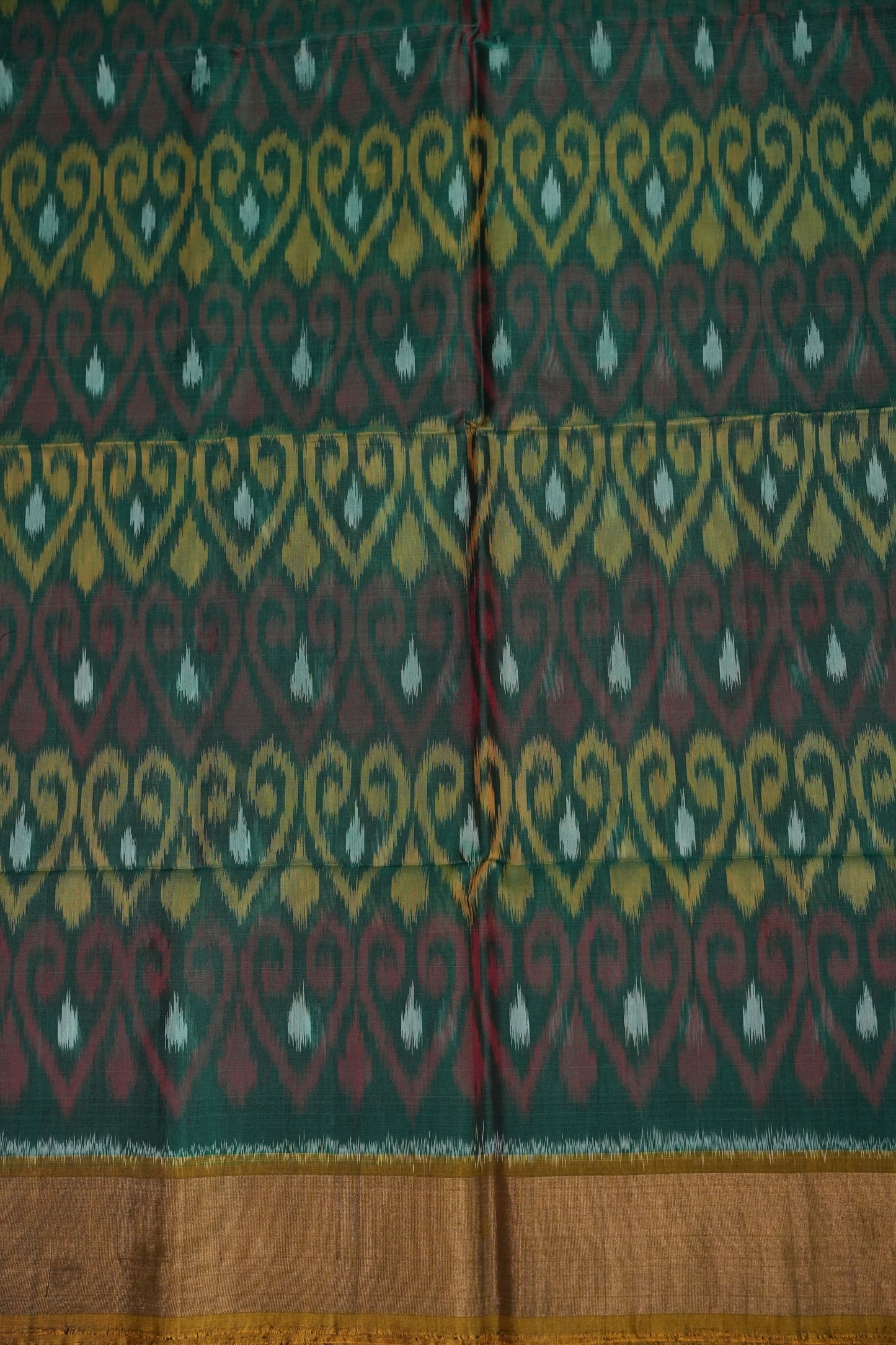 Pure Ikkat Silk Cotton Saree - Bottle Green & Mustard