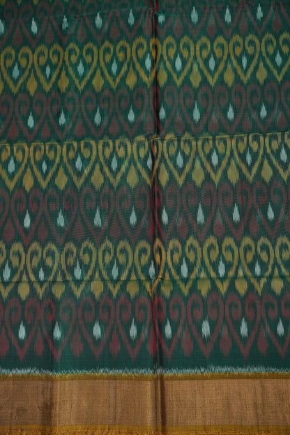 Pure Ikkat Silk Cotton Saree - Bottle Green & Mustard