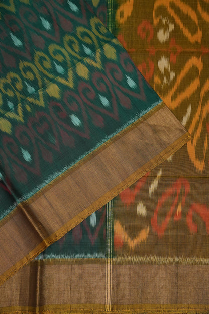 Pure Ikkat Silk Cotton Saree - Bottle Green & Mustard