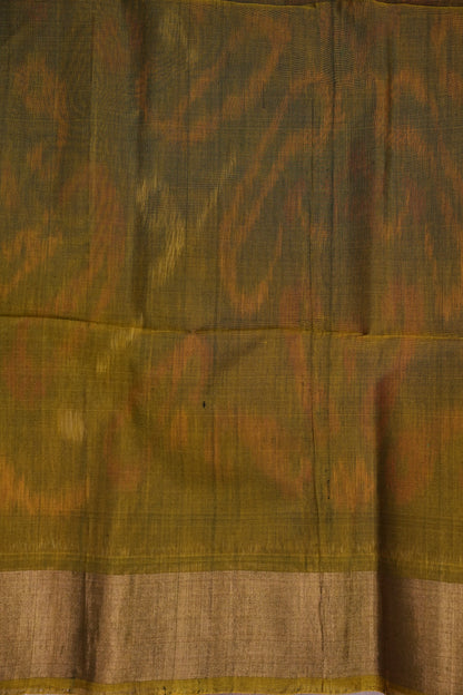Pure Ikkat Silk Cotton Saree - Bottle Green & Mustard