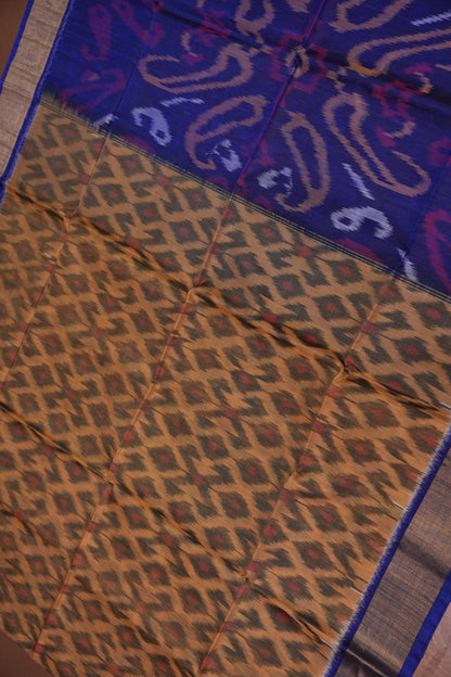 Pure Ikkat Silk Cotton Saree - Beige & Royal Blue