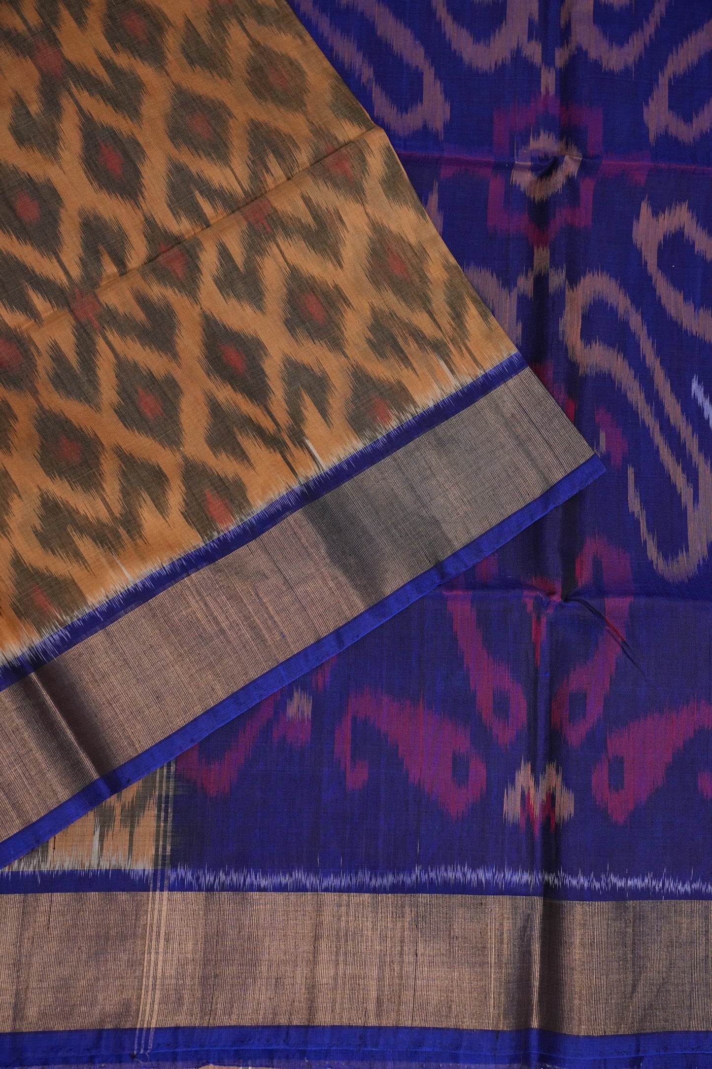 Pure Ikkat Silk Cotton Saree - Beige & Royal Blue