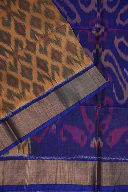 Pure Ikkat Silk Cotton Saree - Beige & Royal Blue
