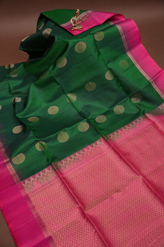 Pure Soft Silk Saree - Emerald Green with Hot Pink