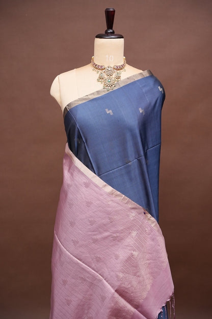 Pure Soft Silk Saree- Steel Blue & Blush Pink