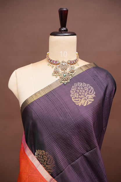 Pure Soft Silk Saree - Deep Plum Purple with Orange
