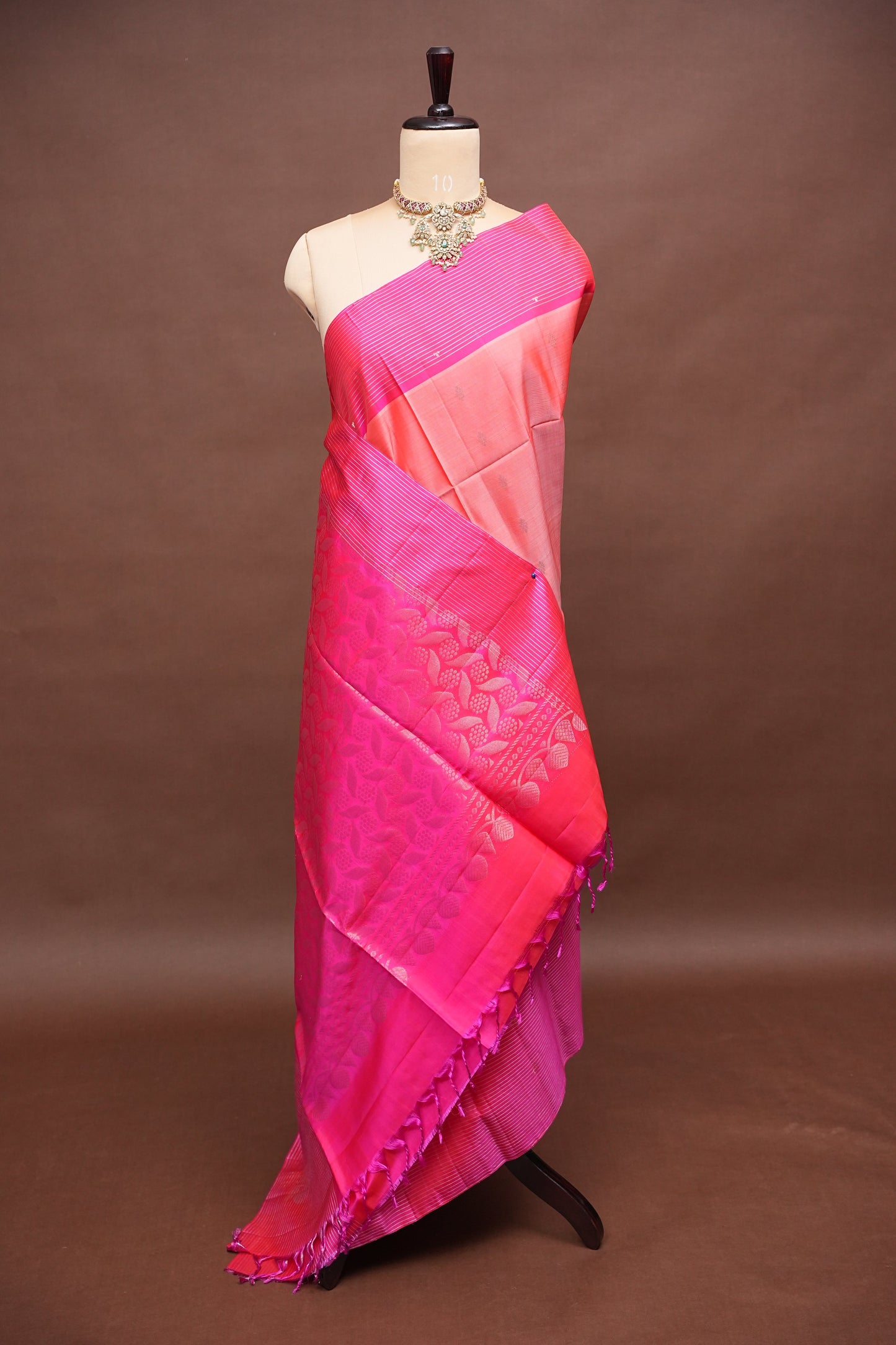 Pure Soft Silk Saree - Peach with Hot Pink