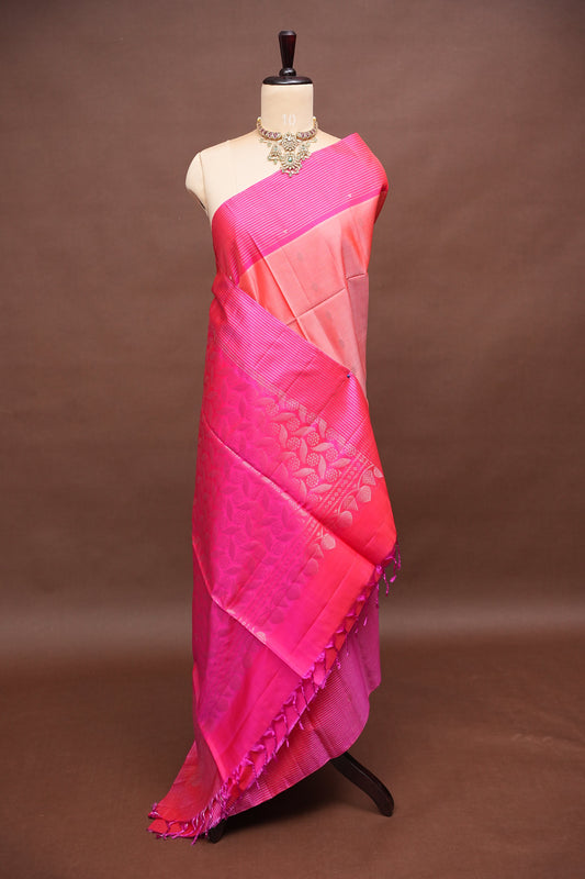Pure Soft Silk Saree - Peach with Hot Pink