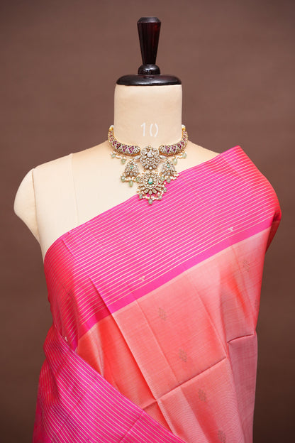 Pure Soft Silk Saree - Peach with Hot Pink