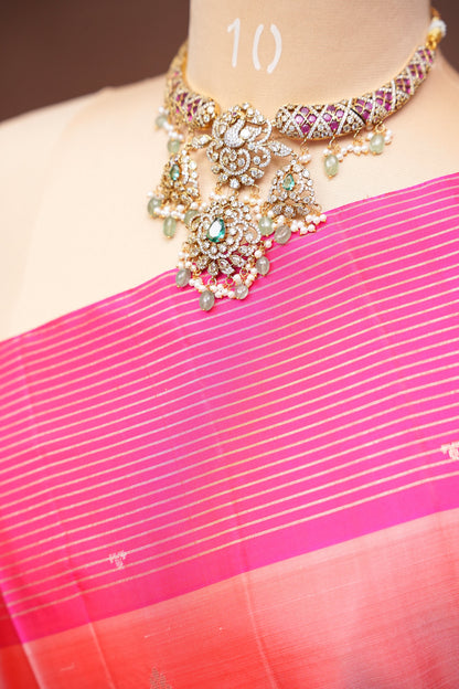 Pure Soft Silk Saree - Peach with Hot Pink