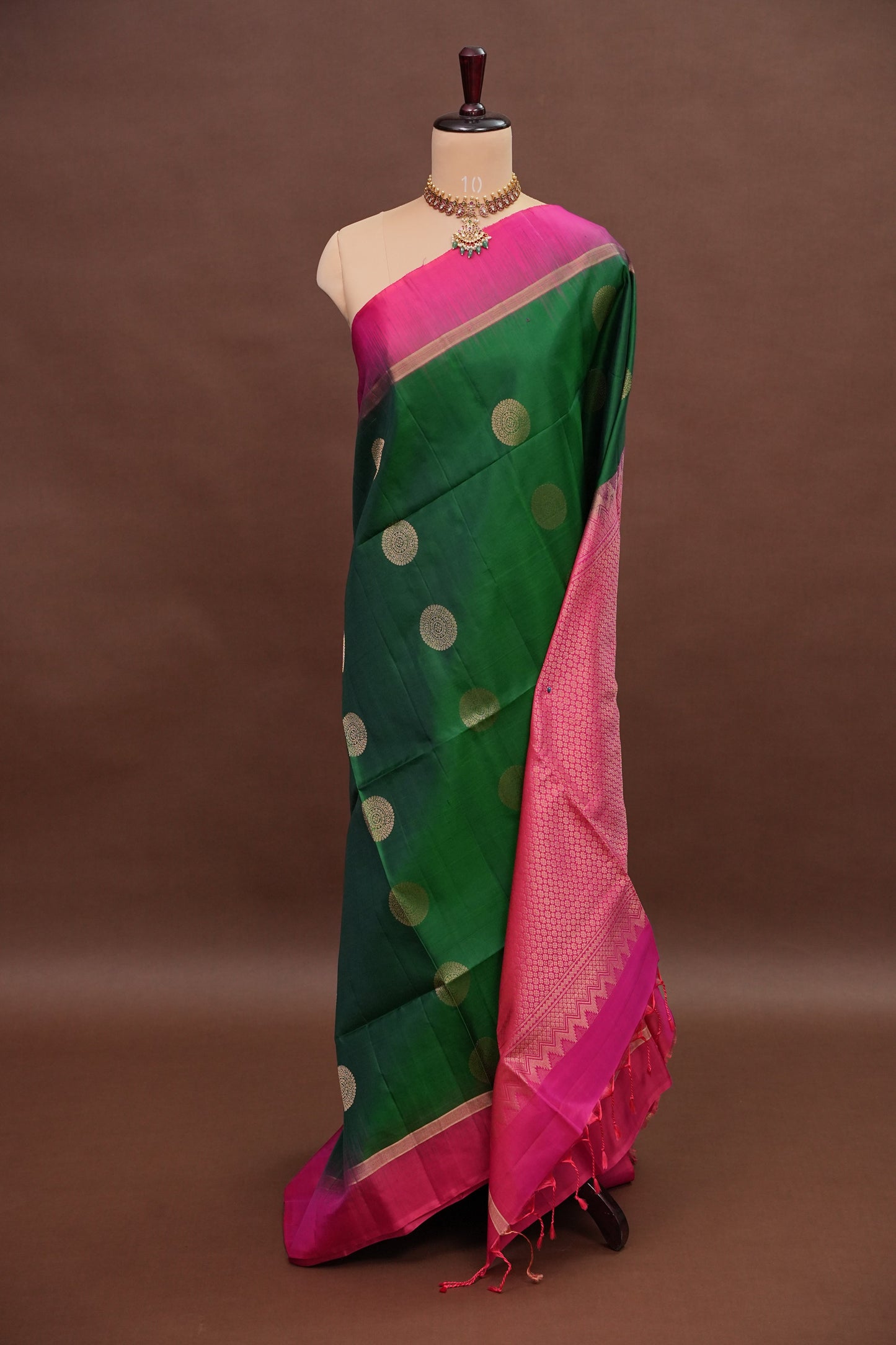 Pure Soft Silk Saree - Emerald Green with Hot Pink